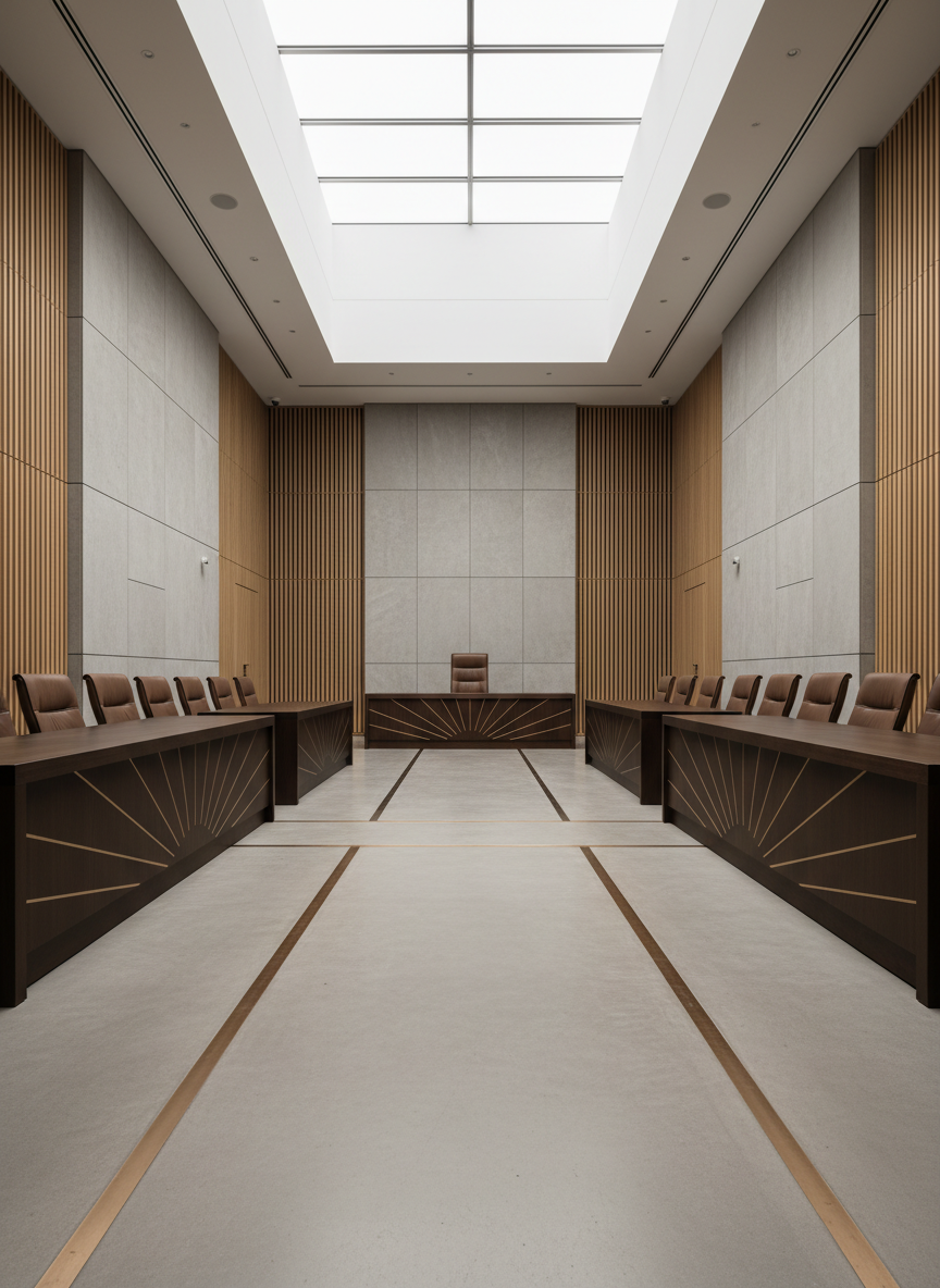 A dramatic, photographic interior of a contemporary commercial courtroom‑style hearing room used for dispute resolution and commercial litigation. Sleek dark‑wood benches and a raised central desk are designed with minimalist Turkish architectural details, illuminated by a large skylight that floods the room with diffused, neutral daylight. Walls are clad in light stone panels and acoustic slats, giving texture and sophistication without legal clichés. The camera is placed at a low central angle, looking toward the front, with strong leading lines and symmetrical composition creating a sense of order and authority. The atmosphere is serious yet modern and transparent, with crisp, realistic detail and no people present.