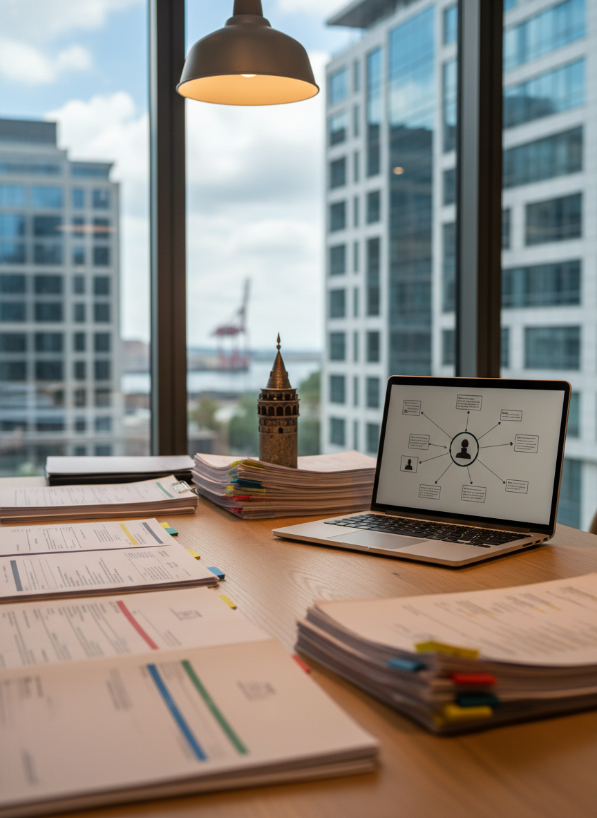 A realistic, photographic close‑up of a meticulous debt collection and asset recovery workspace. On a light oak tabletop lies an organized spread of documents marked with color‑coded tabs and highlighters, a slim laptop showing a stylized network diagram of corporate entities without text, and a small bronze sculpture of Istanbul’s Galata Tower as a paperweight. Through a nearby window, modern Turkish office buildings and a hint of a port crane are softly blurred. Warm pendant lighting from above mixes with natural daylight, casting controlled shadows and highlighting the textures of paper, metal, and wood. Shot from a slightly elevated angle with moderate depth of field, the scene feels methodical, focused, and analytical.