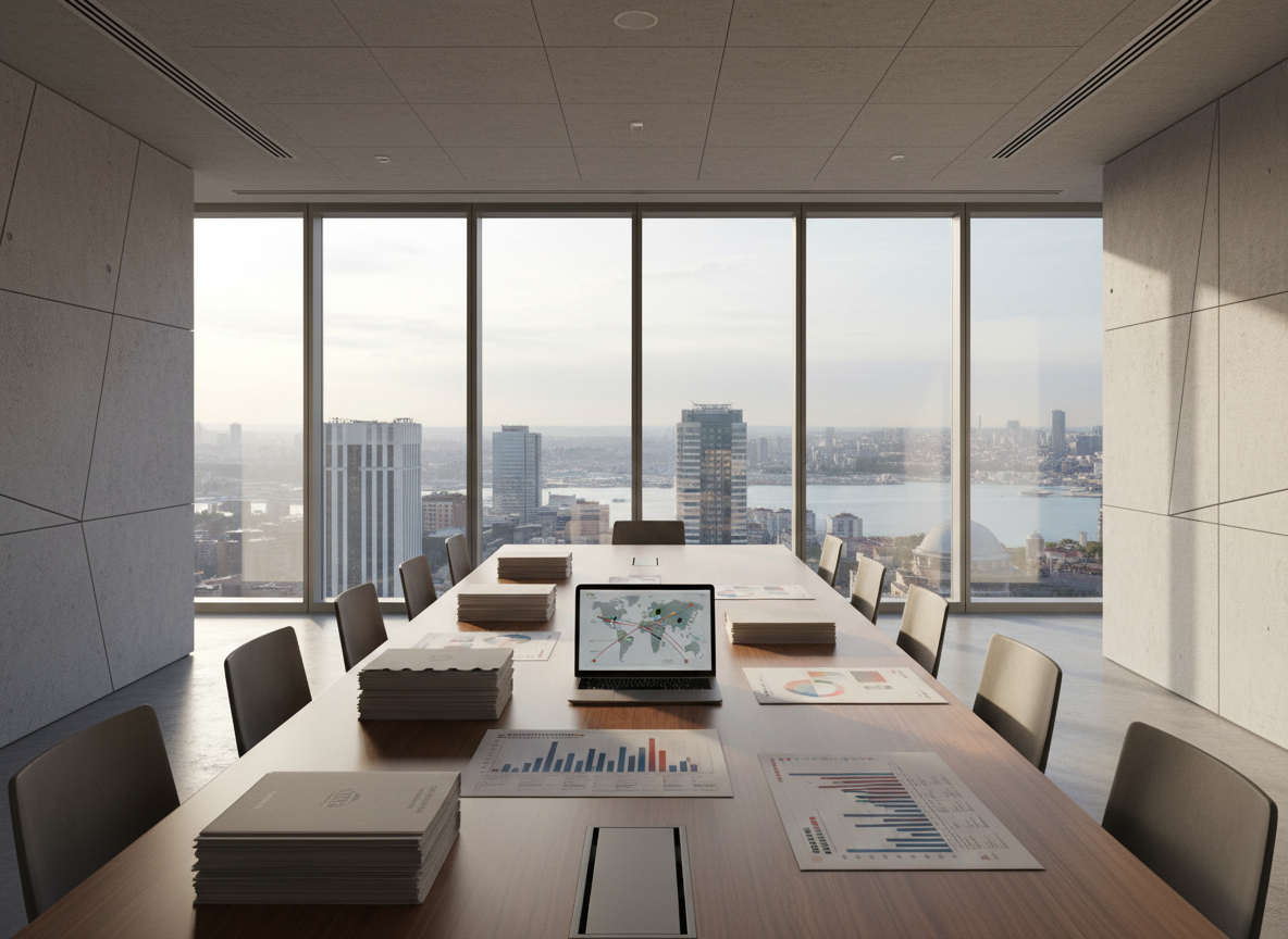 A panoramic, photographic view of a modern corporate law office in Istanbul, featuring a long walnut conference table with clean lines, spread with neatly arranged translated contracts, annotated charts, and a slim open laptop showing a shipping route map without visible text. Floor‑to‑ceiling windows reveal a subtle skyline with hints of the Bosphorus and contemporary Turkish architecture. Soft late‑afternoon natural light washes across matte concrete floors and textured acoustic panels, casting gentle, orderly shadows. Shot at eye level with sharp focus throughout, the composition uses leading lines of the table toward the windows, creating a calm, professional, internationally oriented atmosphere in a clean, modern, realistic style.
