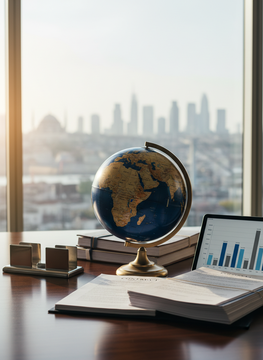 A close, photographic realism shot of a polished dark‑wood desk in a corporate office focused on international trade. On the desk, a detailed 3D globe of Eurasia is rotated toward Turkey, surrounded by neatly stacked bilingual contracts, a metal business card holder without legible text, and a tablet displaying a simplified bar chart of trade flows with no words. In the background, through a large window, blurred silhouettes of Istanbul’s mixed historic and modern waterfront architecture are visible. Soft morning daylight from the side creates subtle highlights on the globe and metallic edges, with a shallow depth of field that keeps the foreground crisp and the background softly blurred, conveying precise, global professionalism.