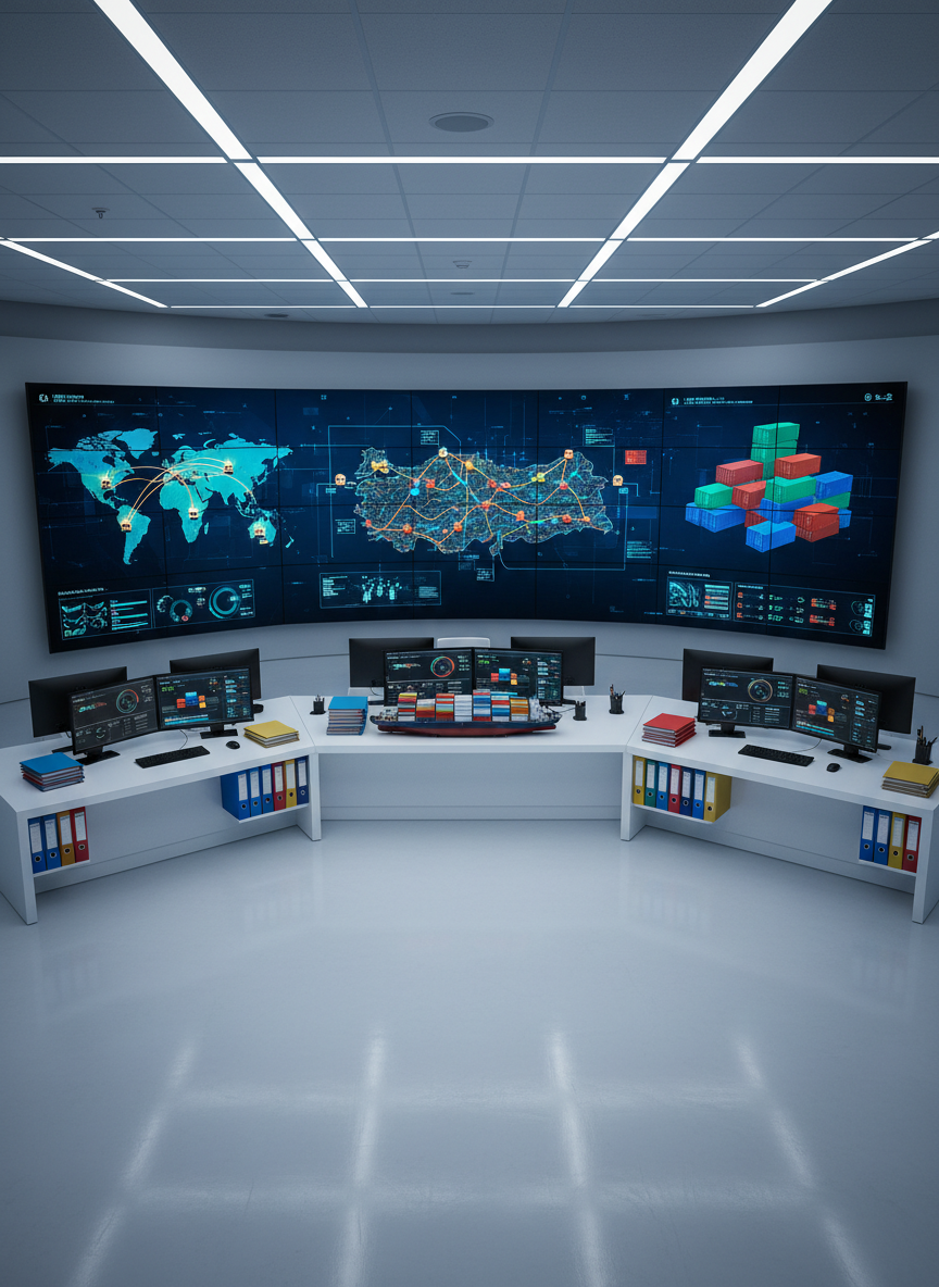 An elevated, photographic view of a logistics control room for a law firm specializing in transport and trade, with a wide curved screen wall displaying stylized, text‑free maps of shipping lanes, trucking routes across Turkey, and cargo icons moving in real time. Below, a long white workstation holds neatly aligned monitors, color‑coded case folders, and a single scale model container ship. Cool, diffused overhead LED lighting reflects softly on the matte surfaces, creating minimal glare. The composition is wide and cinematic, emphasizing the breadth of operations and data, with a balanced, symmetrical layout and sharp focus that communicates organized, high‑tech oversight of complex supply chains and dispute resolution.